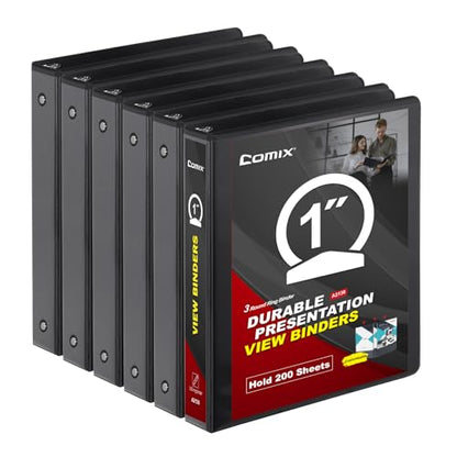 COMIX Sturdy 3 Ring Binder 1 inch with Clear View Cover, 1" Round Ring View Binder, PVC-Free, 200 Sheets Capacity of US Letter Size Paper, Office ＆ School Supplies, 6 Pack (Black) - color: Black, size: 1 Inch, style: 6 Pack