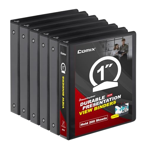 COMIX Sturdy 3 Ring Binder 1 inch with Clear View Cover, 1" Round Ring View Binder, PVC-Free, 200 Sheets Capacity of US Letter Size Paper, Office ＆ School Supplies, 6 Pack (Black) - color: Black, size: 1 Inch, style: 6 Pack