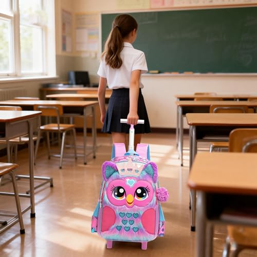 Meetbelify Backpack with Wheels for Girls Rolling Backpack Cute Carry on Backpack Kids Luggage with Lunch Box Pencil Case for Elementary Student - color: Owl