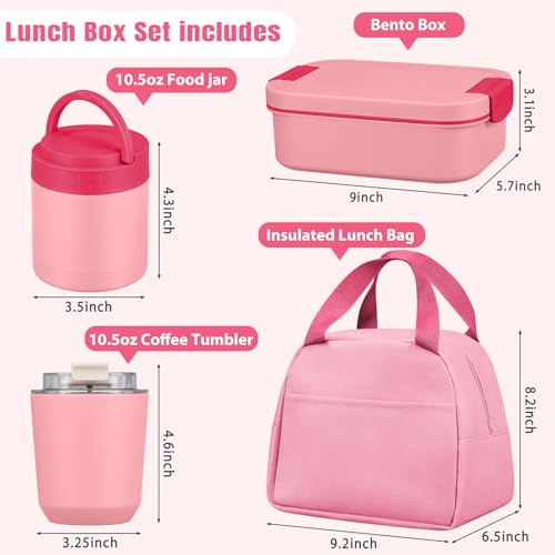 Large Bento Lunch Box Set for Adults Kids Women with 10.5oz Soup Thermo,Coffee Tumblers Men Girls Boys Teenagers Leak-Proof Lunch Food Containers with Lunch Bag - color: Beauty Pink