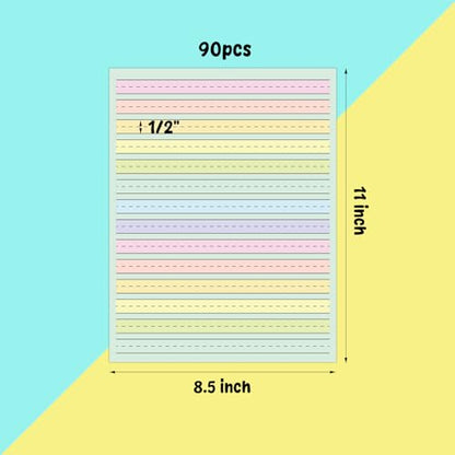 90 Sheets Ruled Writing Paper 8.5x11In Multi-Color Handwriting Paper Double-Sided Skip-A-Line Ruled Writing Practice Paper with 0.5" for Educational Kindergarten Primary Kid Toddler Child