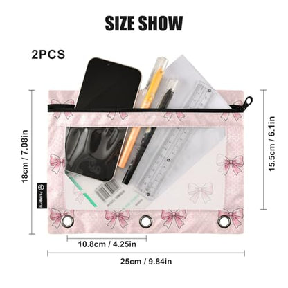 Pencil Pouch 3 Ring Bows Pink Color Zipper Pencil Pouches Case Binder Cosmetic Bag 2 Pack for Office School College Supplies - color: Bows Pink Color