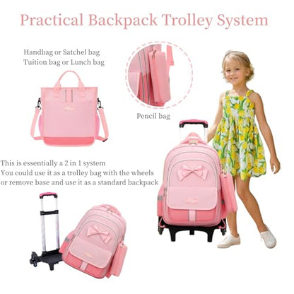 MITOWERMI Rolling Backpack for Girls 3Pcs Elementary School Bag Cute Bowknot Backpack with Wheels Girls Bookbags with Handbag Trolley Bags Kids Carry-On Luggage - color: Style c-3Pcs Pink-2 Wheels, style: 2 Wheels Trolley + Backpack Sets