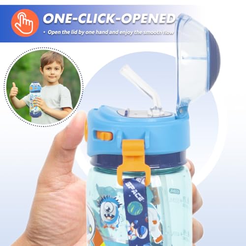 Kids Water Bottle with Straw/Lanyard for School Kids Girls Boys, 22oz BPA Free Child Drinking Water Bottle One-Click-Open Leak-Proof Locking Flip Lid for School Sport Travel - color: H15. Space