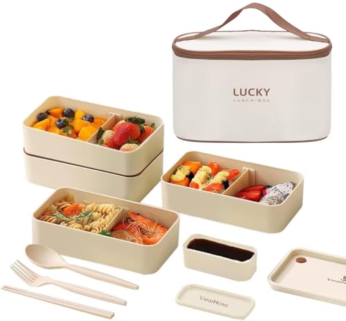 3 Layer Japanese Lunch Box with Chopsticks, Microwave Safe Bento Lunch Box with Bag and Utensils, Leakproof Stackable BPA-Free Lunch Containers for Adults - color: 2160ml 3 Tier-Beige