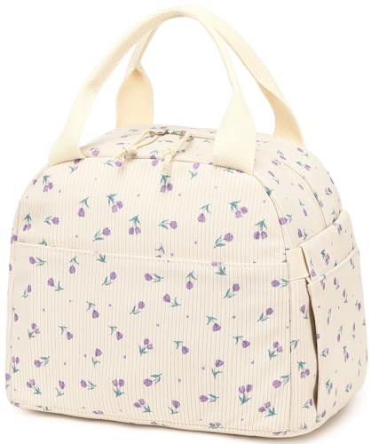 Bluboon Lunch Bag for Women Men Cute Corduroy Lunch Tote Bags Reusable Insulated Lunch Box Large Capacity Reusable Insulated Cooler for Work Picnic or Travel - color: Corduroy Purple Floral 168, size: Medium (10L)