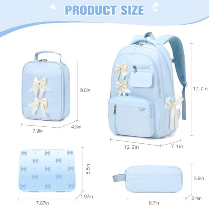 Bevalsa Backpack for Girls, Bow Kids Backpack with Bento Lunch Box, Insulated Bag & Utensils, 34oz Lunch Containers, Cute School Bookbag for Girls Children Teens for Elementary Middle Student (Blue) - color: Blue