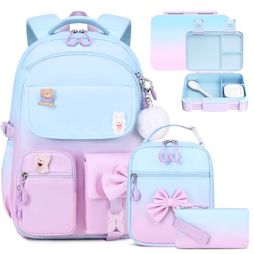 ACESAK Backpack for Girls - Bento Box with Insulated Lunch Bag Pencil Case & Utensils Set for Kids, 4 Leakproof Compartments Removable Tray Lunches or Snack Container for School (Blue Purple) - color: Blue-purple