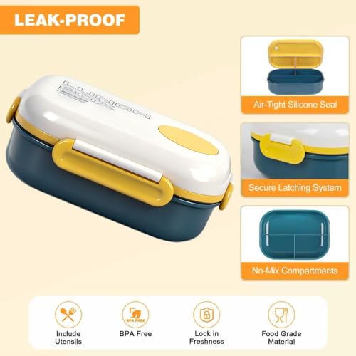 3-Compartment Leak-Proof Bento Box for Kids & Adults, Blue | Insulated bag, utensils & sauce container included; BPA-free; Microwave & dishwasher safe; Ideal for school, office & travel. - color: Blue