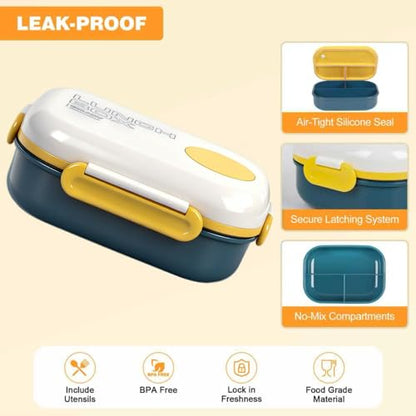 3-Compartment Leak-Proof Bento Box for Kids & Adults, Blue | Insulated bag, utensils & sauce container included; BPA-free; Microwave & dishwasher safe; Ideal for school, office & travel. - color: Blue