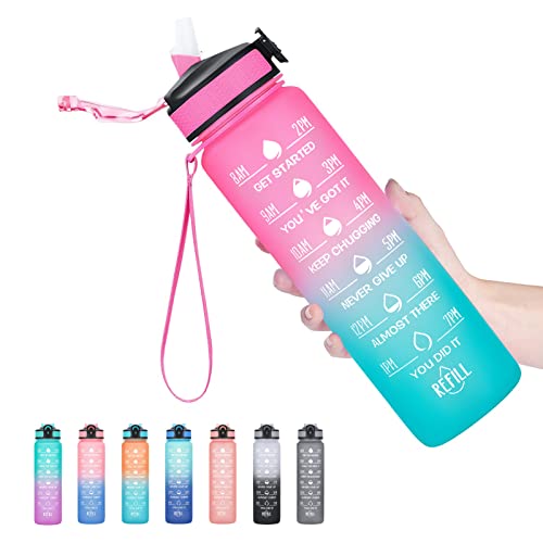 Hyeta Water Bottle with Straw & Time Marker, Plastic 32oz Leakproof | Motivational Tritan BPA Free Gym Office Outdoor Intake Tracker Hourly Reminder Straw Lid Carry Strap - color: Pink-Green