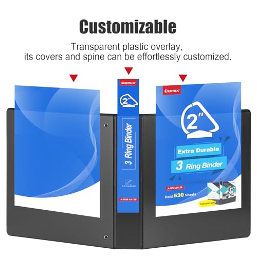 COMIX Heavy Duty Slant-D Ring View Binder, 2 inch 3 Ring Binders, Hold 500 Sheets of 8.5" x 11" Paper, 8 Pack (Black) - color: Black, size: 2 inch, style: 8 Pack