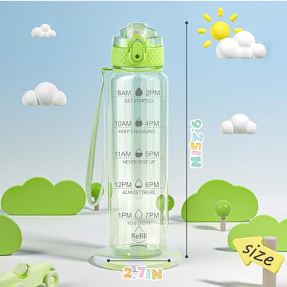 OLDLEY 17oz Kids Water Bottle, Tritan BPA-Free, Leakproof Flip Straw Lid, Motivational Time Marker, Carry Strap, Reusable Clear Water Bottle for Boys & Girls,Parrott Green - color: Parrott Green, style: 17 Ounces