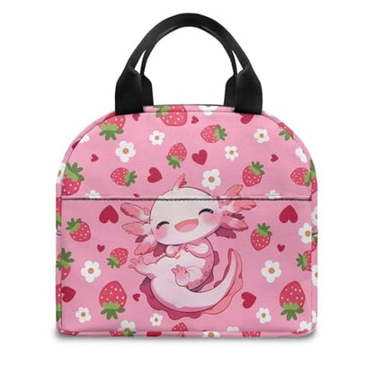 Kawaii Axolotl Lunch Box for Girls Portable Leakproof Kids Lunch Box Multifunctional Large Thermal Cooler Bag for School Camping Picnic - color: Kawaii Axolotl Strawberry