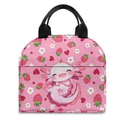 Kawaii Axolotl Lunch Box for Girls Portable Leakproof Kids Lunch Box Multifunctional Large Thermal Cooler Bag for School Camping Picnic - color: Kawaii Axolotl Strawberry