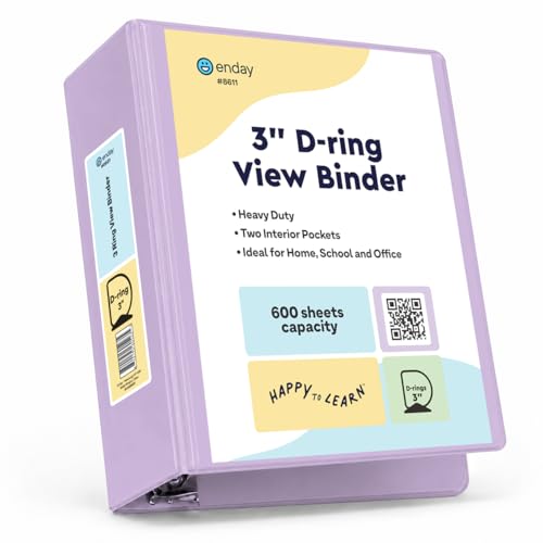 Enday 3 Inch Binder, Purple - 3 Inch 3 Ring Binder, D-Ring Pastel with Clear View Cover for Letter Size 8.5 x 11'' Paper & 2 Inside Pockets, Ideal for School Supplies, Office, and Home - color: Purple, size: 3-Inch