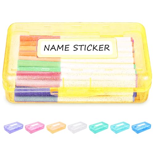 Sooez Pencil Box with Personalized Sticker,Large Hard Pencil Case Organizer | Clear Plastic Crayon Box for Girls and Boys, Colored Marker Organizer, Small Plastic Containers/Bins with Lids, Art Supply - color: Yellow Glitter
