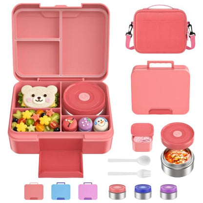 Bento Lunch Box Set for Kids with 8.5oz Hot Food Jar Leak-Proof Lunch Food Container with Insulated Lunch Bag for Toddlers Girls Boys Teens to School, Office, Picnic, Camping, Travel - Pink - color: Pink