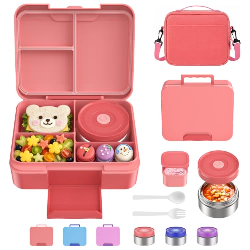 Bento Lunch Box Set for Kids with 8.5oz Hot Food Jar Leak-Proof Lunch Food Container with Insulated Lunch Bag for Toddlers Girls Boys Teens to School, Office, Picnic, Camping, Travel - Pink - color: Pink