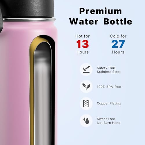koodee 16 oz Water Bottle Stainless Steel Double Wall Vacuum Insulated Flask Kids Sports Water Bottle with Leakproof Straw Lid (Pink - color: pink-A, size: 16 Ounces