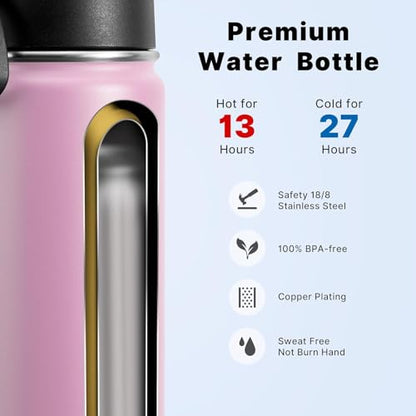 koodee 16 oz Water Bottle Stainless Steel Double Wall Vacuum Insulated Flask Kids Sports Water Bottle with Leakproof Straw Lid (Pink - color: pink-A, size: 16 Ounces