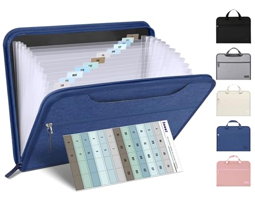 Sooez Heavy Duty Accordion File Organizer with Hidden Handle, Portable 12 Pockets Expanding File Folders, Cloth Monthly Bills Receipt Organizer for Letter/A4, School Classroom Home & Office Supplies | 12 Pockets, Expanding Important Document Folder, Cloth