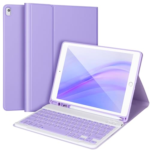 AHYWTAN Keyboard Case for iPad 9/8/7th Gen 10.2’’,Case with Keyboard ipad 10.2 inch,Detachable Bluetooth Keyboard with Pencil Holder,Purple - color: Purple
