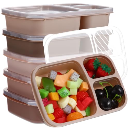 Honeydak 5 Pack Snack Containers 3 Compartment Bento Snack Boxes Divided Meal Prep Containers with Lids Reusable Adults Lunch Food Storage Box for School Work Travel(Brown) - color: Brown