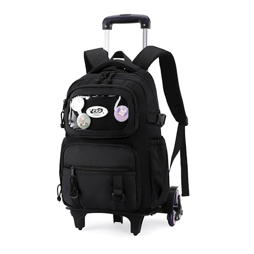 Mfikaryi Rolling Backpacks for Girls Plain School Backpack Cute Girls Backpack with Wheels - color: 5a# Black-6 Wheels