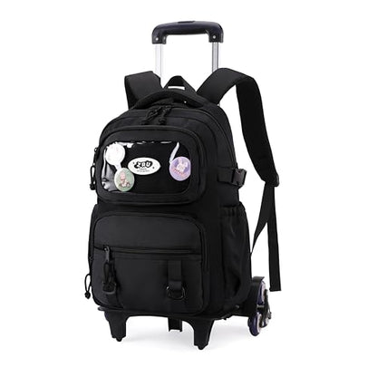 Mfikaryi Rolling Backpacks for Girls Plain School Backpack Cute Girls Backpack with Wheels - color: 5a# Black-6 Wheels