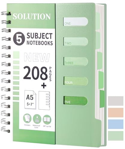 FLYING EAGLE Small 5 Subject Notebook College Ruled Spiral Notebook 5x7 with Dividers Tabs Waterproof Plastic Cover Thick Paper Notebooks for Work School, Green - color: 1.green, size: 1.A5-College Ruled