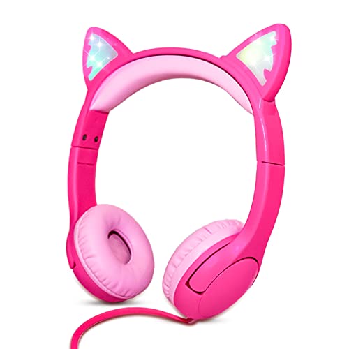 Olyre Kids Wired Headphones with Mic, LED Cat Ears Headset, Dual Audio Jack | Kitty Headphones with cord, Wired kawaii earphones for toddlers, tablets, Volume limited; Adjustable headband; Comfortable - color: Rose Red