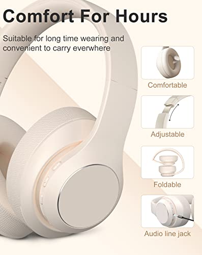 Wireless Bluetooth Headphones Over Ear, 40 Hours Playtime Wireless Headphones with Microphone,Foldable Light Weight Headset with HiFi Stereo Sound for Travel Work (Beige)