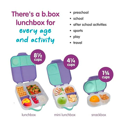 b.box Mini Lunch Box Kids | 4.25 Cup Leak Proof Bento Box for Kids Ages 3+ | 3 Compartment Snack Containers, School Lunch Container, Dishwasher Safe, BPA-Free, PFAS-Free - Lilac Pop - color: Lilac Pop, size: 1-pack