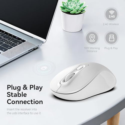 Wireless Mouse, 2026 New Model, Silent Click Ergonomic Design, Portable, 4 Buttons, Adjustable DPI (800/1200/1600), for Laptop/PC/Office (White) - color: white