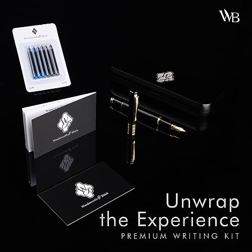 Wordsworth & Black Fountain Pen Set, Luxury Bamboo Wood - Fine Nib, Gift Case; Includes 6 Ink Cartridges, Ink Refill Converter -Journaling, Calligraphy; Drawing, Smooth Writing [Black Wood] | Black Wood, Gift for Men Women, German Iridium 18K Gilded, Call
