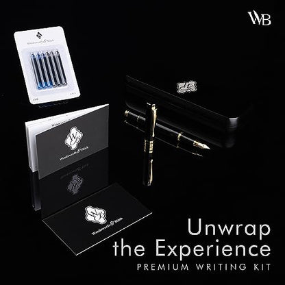 Wordsworth & Black Fountain Pen Set, Luxury Bamboo Wood - Fine Nib, Gift Case; Includes 6 Ink Cartridges, Ink Refill Converter -Journaling, Calligraphy; Drawing, Smooth Writing [Black Wood] | Black Wood, Gift for Men Women, German Iridium 18K Gilded, Call