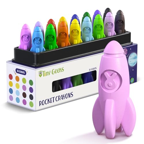 TinyGeeks 16 Rocket Crayons - Non Toxic, Washable - For Toddlers, Kids Ages 4-8 - Easy To Hold, Baby's Crayons For Toddlers 3-10 Years