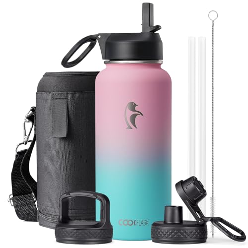 Coolflask 32 oz Water Bottle Insulated with Straw & 3 Leakproof Lids | Water Flask Stainless Steel Triple-Wall Vacuum,Cold 48+h, Dishwasher Safe,Wide Mouth,BPA-Free,Carrier Bag,for Gym,Hiking - color: Bubblegum Princess, size: 32 Ounces