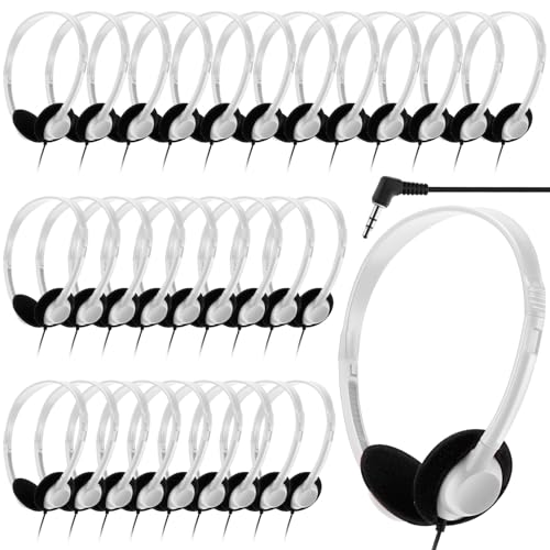Yunsailing 30 Pack Bulk Headphones Set Over Ear Headphones with Adjustable Headband 3.5mm Plug Headsets Earphones for Learning Program, Computer Lab, Library, Testing & Multimedia Use (White) - color: White