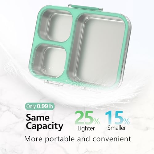 HOMEKOL Stainless Steel Bento Lunch Box 3-Compartment, 4.2Cups, Green | Leak-Proof Metal Lunch Container for Kids & Adults, BPA-Free, Dishwasher Safe, Clear Tritan Lid, 1000ml (Not Insulated) - color: Green, size: 34oz (1000ml)