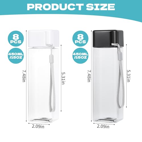 YEXEXINM 16 PCS Plastic Water Bottle Bulk 15oz Reusable Sports Water Bottle with Handle Strap, Leakproof Lightweight Portable Waterbottle for School Gym Fitness Travel (Black&White, Rectangle)