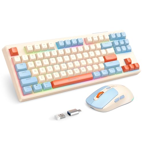 2.4G Wireless Keyboard and Mouse Combo, RGB Backlit Keyboard Mouse Set for Windows, Android & MacOS, Aesthetic Keyboard Mouse with USB & Type-C Dongle for PC Computers, Macbooks, Laptops, Ivory - color: Ivory