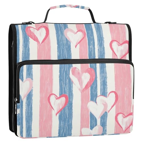 Hearts Stripes Zipper Binder 3 Ring with Shoulder Strap and Handle Multiple Pockets Expanding File Folder Organizer