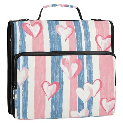 Hearts Stripes Zipper Binder 3 Ring with Shoulder Strap and Handle Multiple Pockets Expanding File Folder Organizer