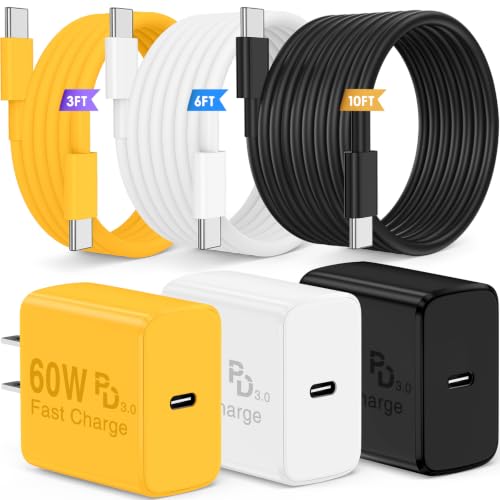 QZIIW Super Fast Charger Type C, 60W Colorful Mixed USB C Fast Charger Block 3 Pack & Extra Long 60W 3/6/10FT USB C Cable - PD Quick Charging 3.0 for iPhone 17 16 15 Samsung Galaxy S26 Ultra S25 S24+ - color: Yellow+White+Black