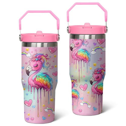 30 oz Flamingo Tumbler with Handle, Large Insulated Tumbler with Flip & Straw Coffee Mug Cup Stainless Steel Gifts for Women Men Youth - color: Pink