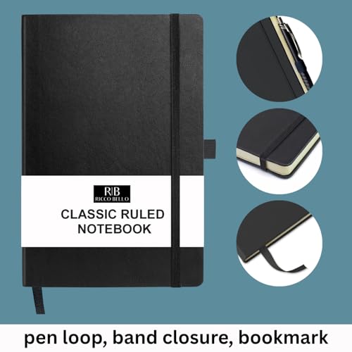 RICCO BELLO Lined Journal Notebook with Pen Holder, Black | Faux Leather Hardcover, College Ruled, 96 Sheets/192 Pages, 5.7 x 8.4 Inches, For Work & Notes - color: Black