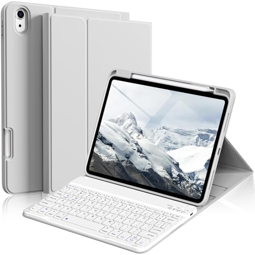kenke for iPad 11/10th Gen Case with Keyboard 11/10.9 inch 2025 A16/2022, Detachable Wireless Bluetooth Keyboard Case with Bulit-in Pencil Holder, White Square Keycaps (Gray - color: Gray