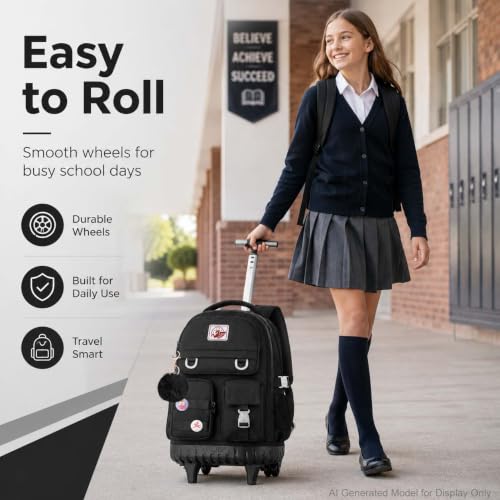 WZLVO 3PCS Rolling Backpack for Girls, 21 inch Water Resistant Roller Backpacks with Wheels, Wheeled Bookbag for Elementary Teens Women - Black - color: Black